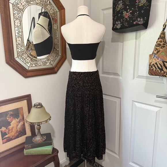 Vocabulary Brown & Black Whimsy Velvet Burnout Tiered Silk Blend Midi Skirt 6/S - Picture 4 of 7